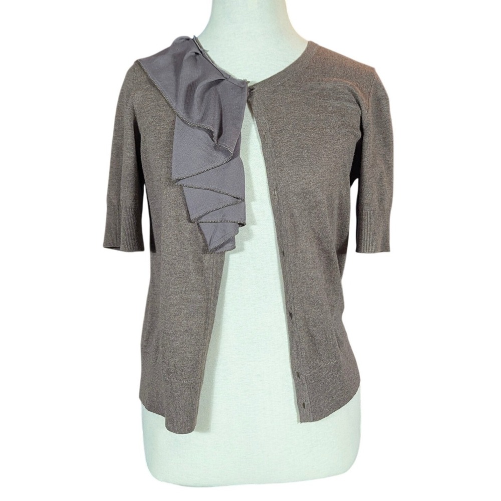 Ann Taylor Loft Cardigan Women‎ SP Brown Ruffle Front Silk Blend Short Sleeve SP